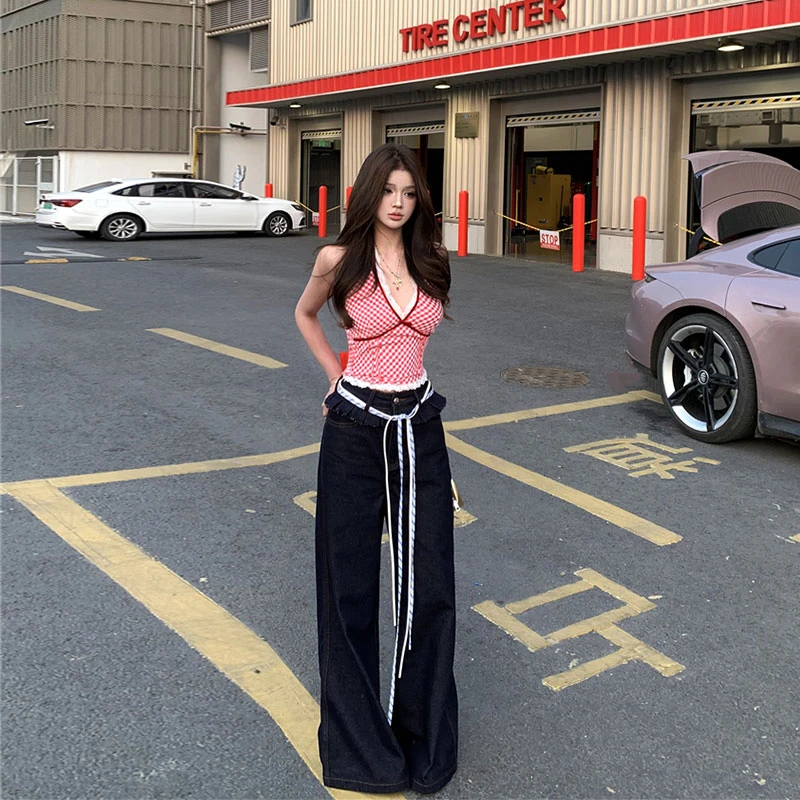 夏季新款气质修身蕾丝边无袖上衣深蓝色设计感直筒宽松牛仔裤套装