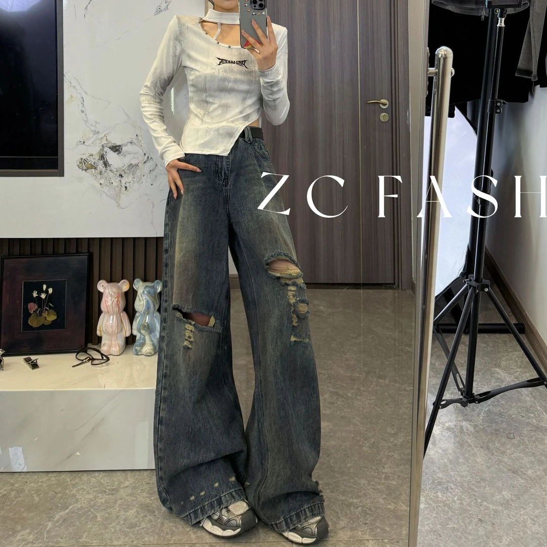 ZC-新款设计感显瘦版型水洗做旧宽松垂感破洞牛仔阔腿裤