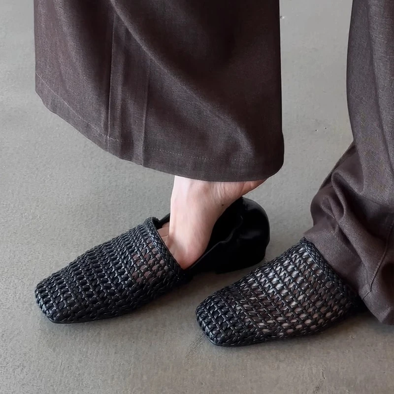 自留版！编织镂空透气包跟单鞋简约度假凉鞋女方头平底舒适一脚蹬