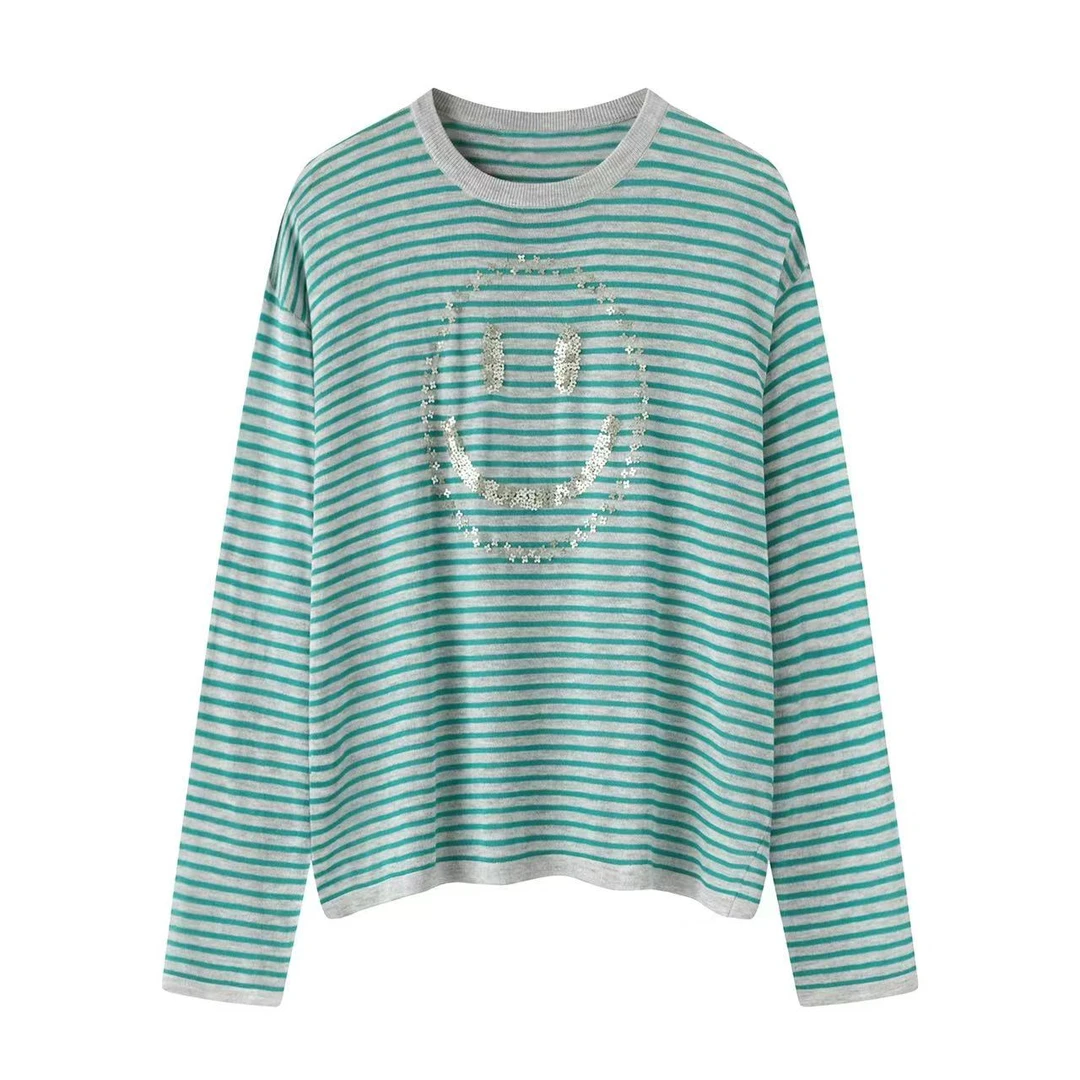 【笑脸刺绣】女条纹笑脸毛针织衫绿色条纹衣服女装毛衣初恋风.D1121