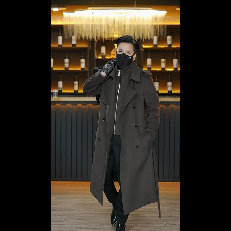 高定 男士真丝羊绒大衣风衣 绵羊毛呢大衣长款双排扣 假两件