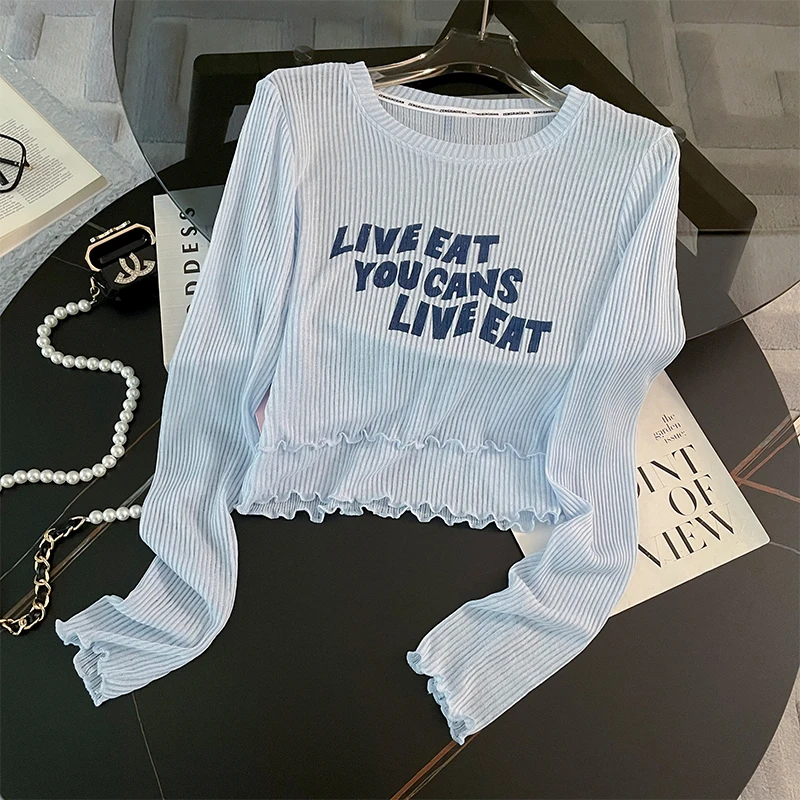 编号102--字母印花针织长袖T恤女秋季美式薄款蓝色显瘦针织上衣