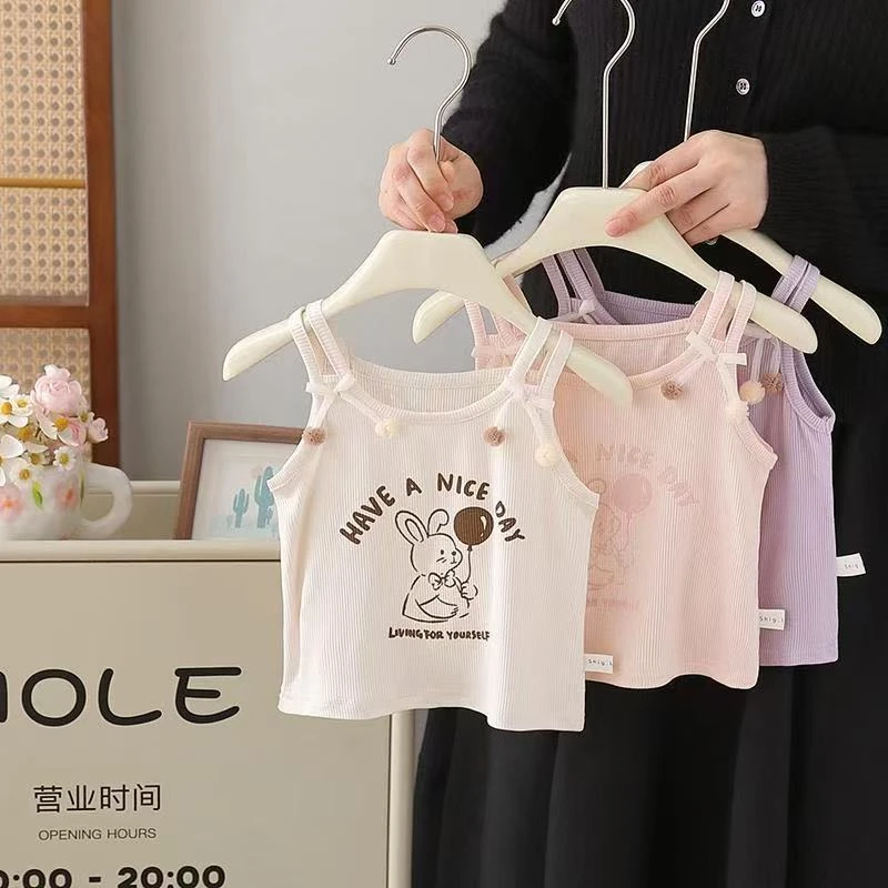 2025夏季新款女童冰丝透气印花可爱卡通背心吊带柔软百搭护肚上衣