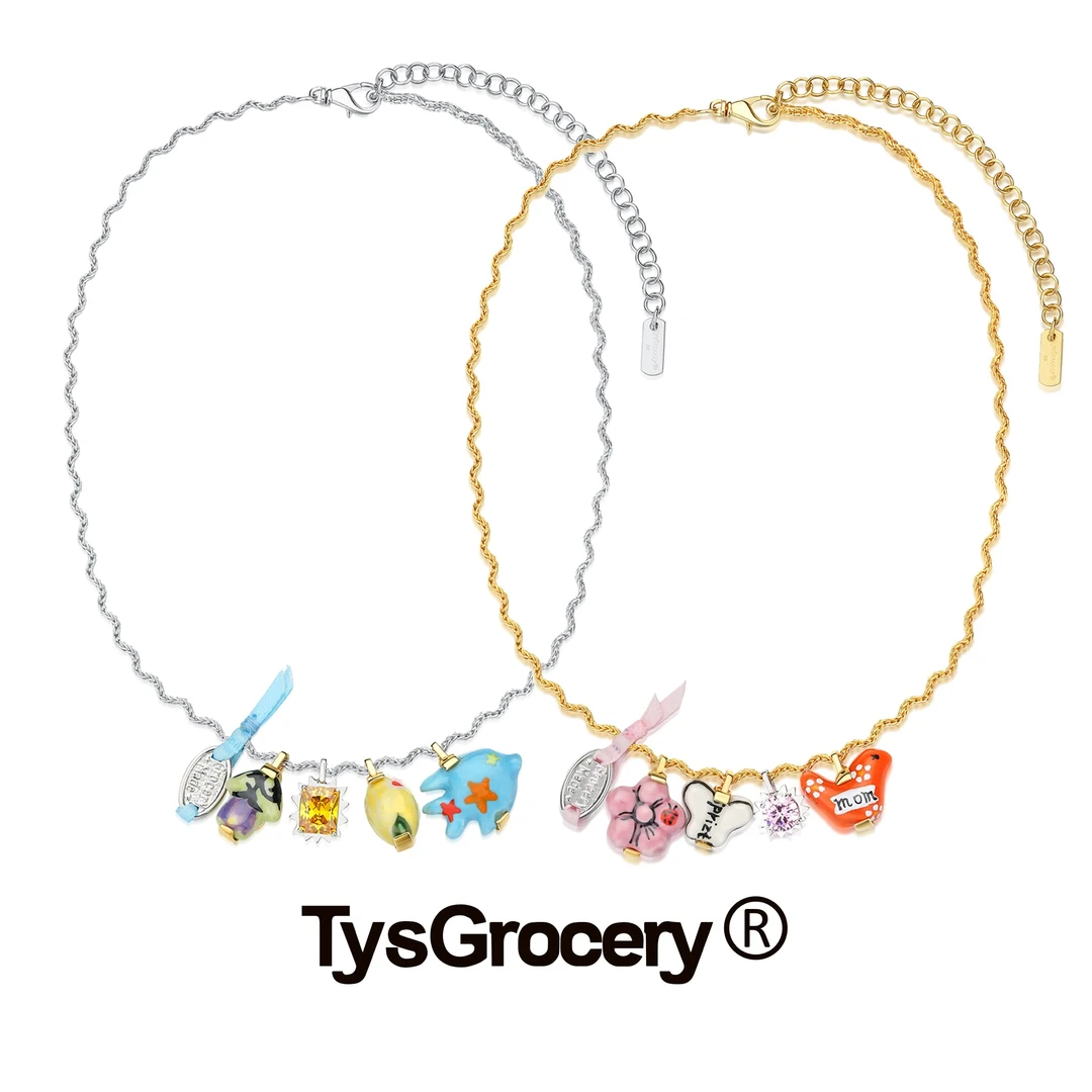 铜合金陶瓷项链 “TysGrocery”手绘陶瓷组合吊坠项链