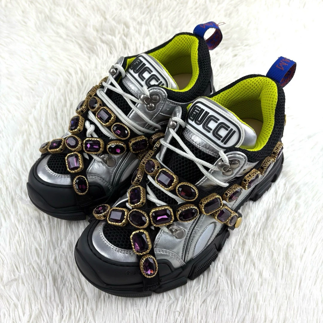95新 GUCCI/古驰 银色宝石链条厚底老爹鞋38码