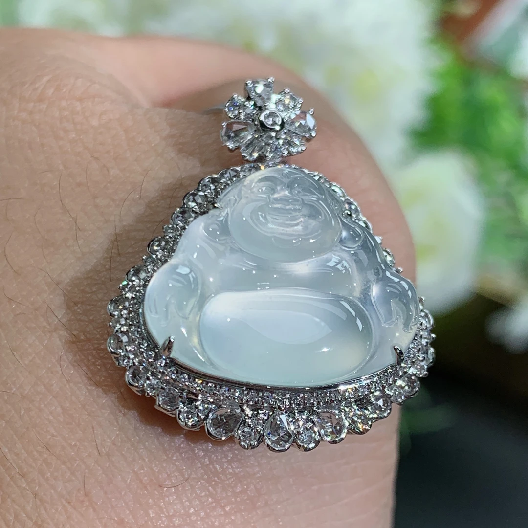 尺寸30.7×25.1×11缅甸天然翡翠A货高冰玻茅台白佛公吊坠