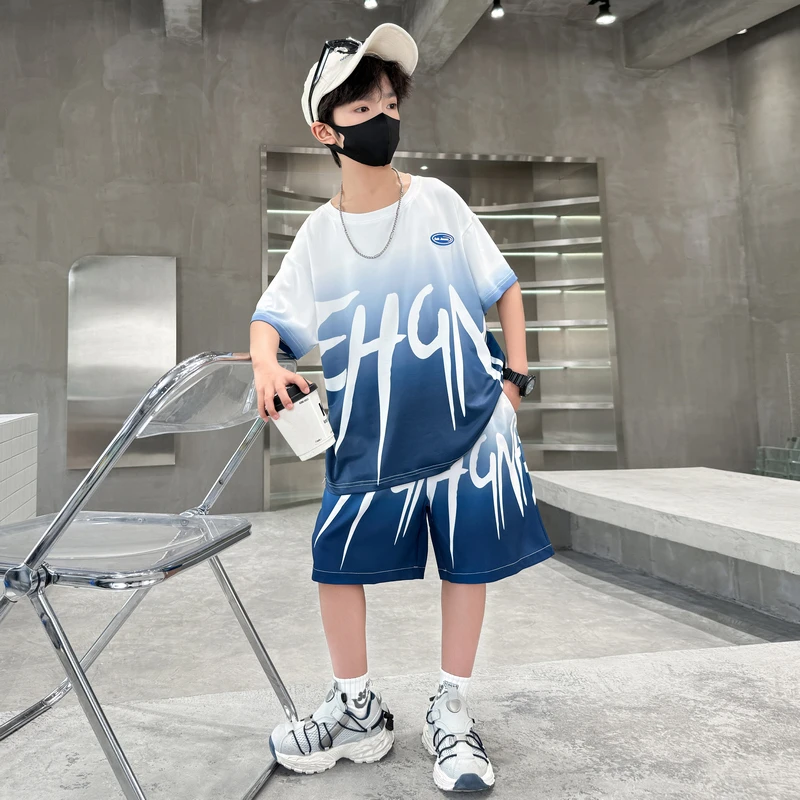 男童夏季套装2025新款儿童夏装运动服中大童渐变男孩冰丝两件套潮