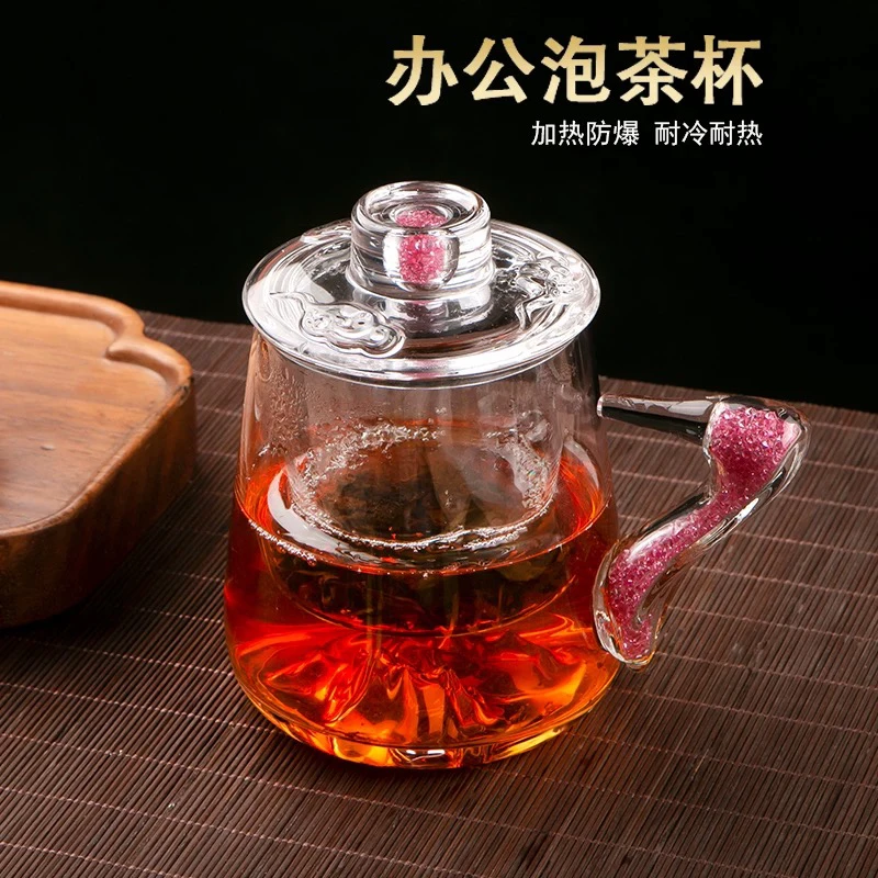 加厚耐热玻璃杯水杯办公室男女带盖花茶杯带把过滤茶水分离泡茶杯