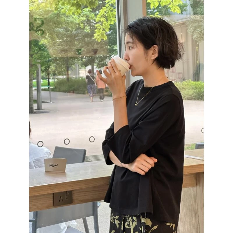 LANGQING 黑色薄款七分袖正肩t恤新款女夏宽松中袖垂感上衣42000#