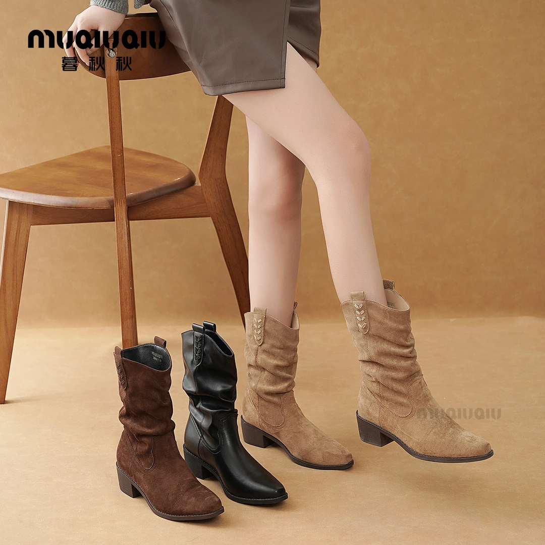 暮秋秋复古粗跟小短靴女2025秋冬季新款显瘦中筒牛仔靴百搭堆堆靴