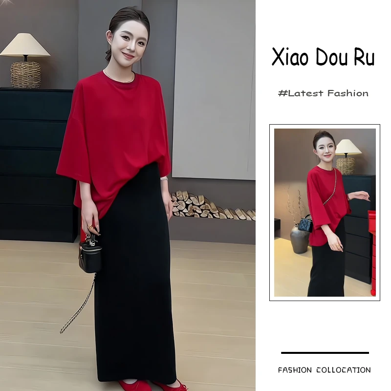 夏季流行穿搭一整套新款2025年韩版显瘦宽松T恤高腰半身裙两件套