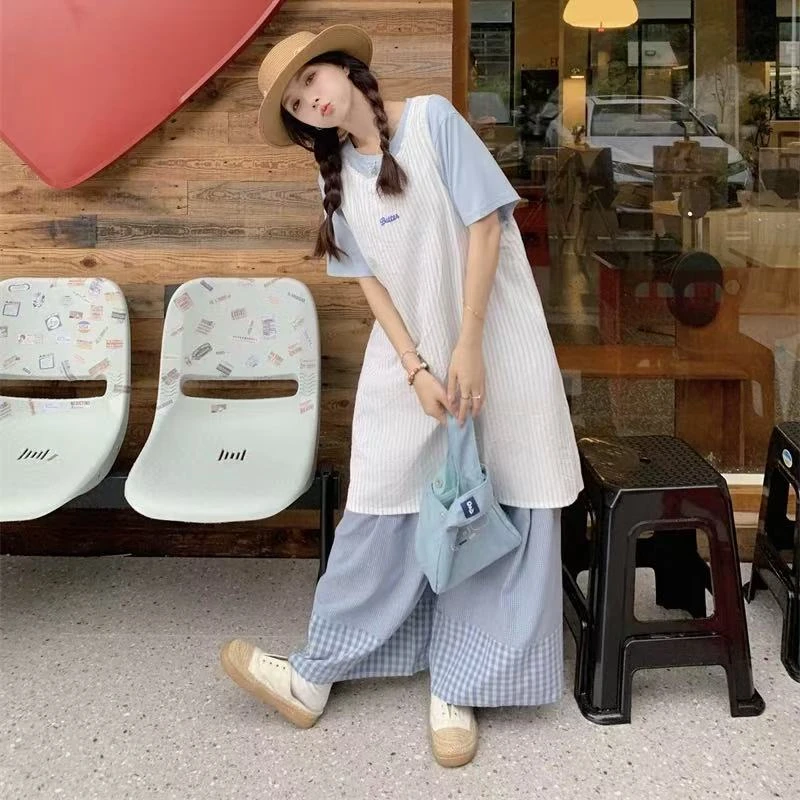 夏季女韩系短袖T恤衫叠穿背心拼接格子休闲裤时尚套装99151