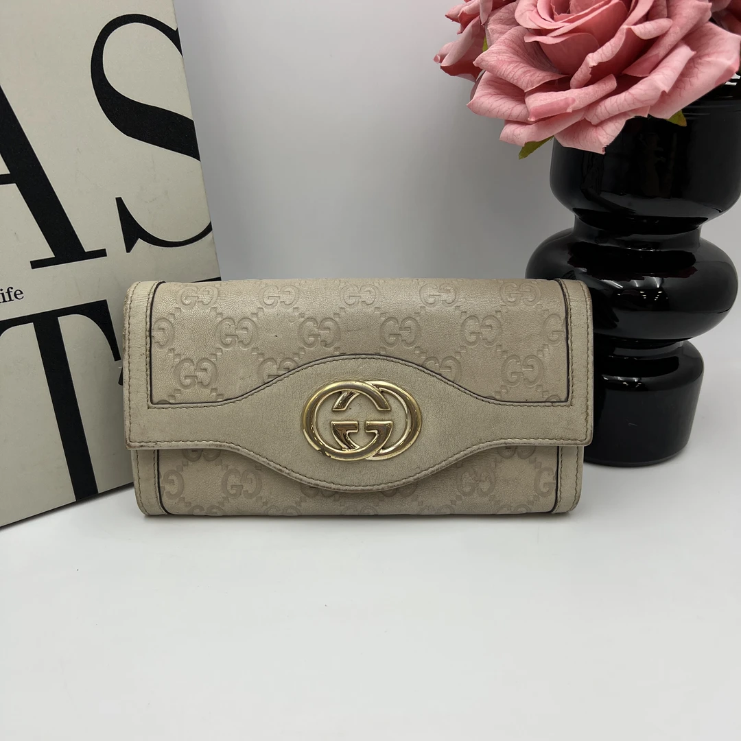 95新 GUCCI/古驰 8672/暗白双G老花长款钱包