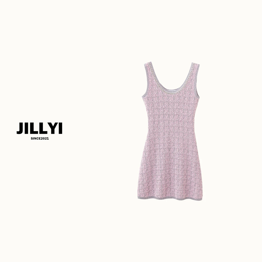 JILLYI【樱花胶片】樱花粉U型领粗花呢时尚简约吊带连衣裙