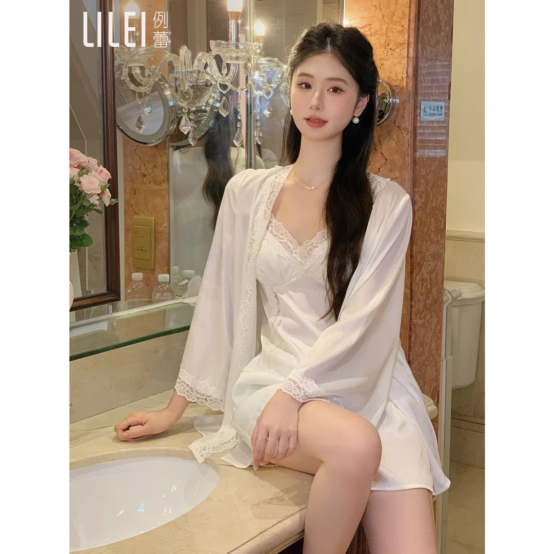 【云悠三件套】吊带睡衣女夏冰丝绸缎蕾丝性感高级感纯欲冰丝家居服