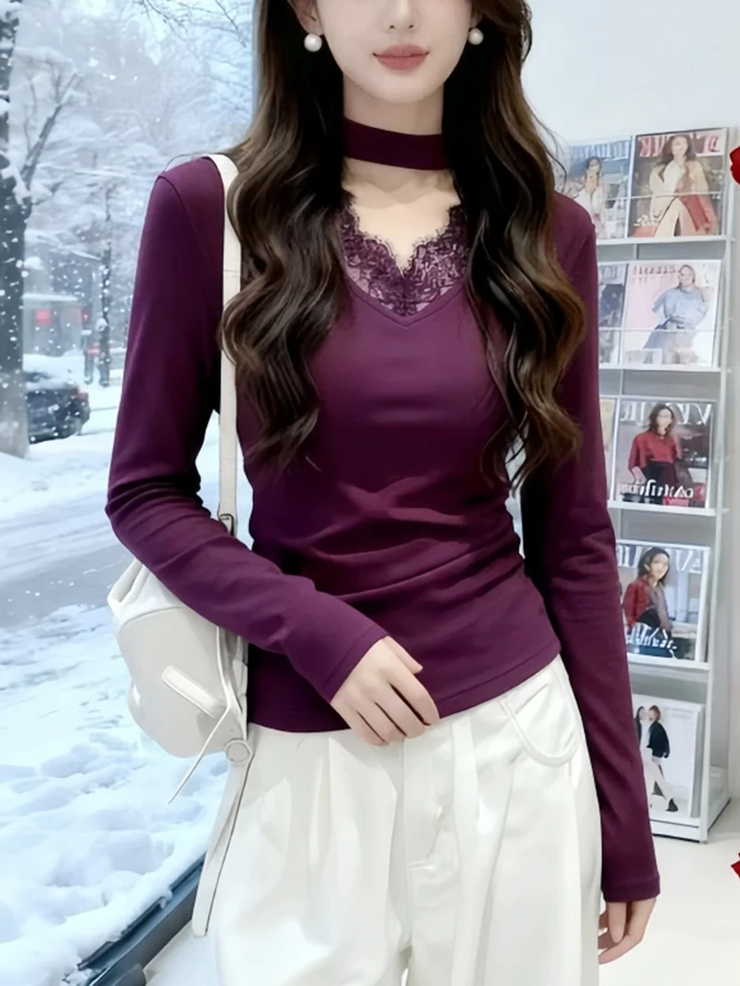 德绒挂脖蕾丝V领长袖t恤女秋冬季2025新款内搭巨好看的打底衫上衣