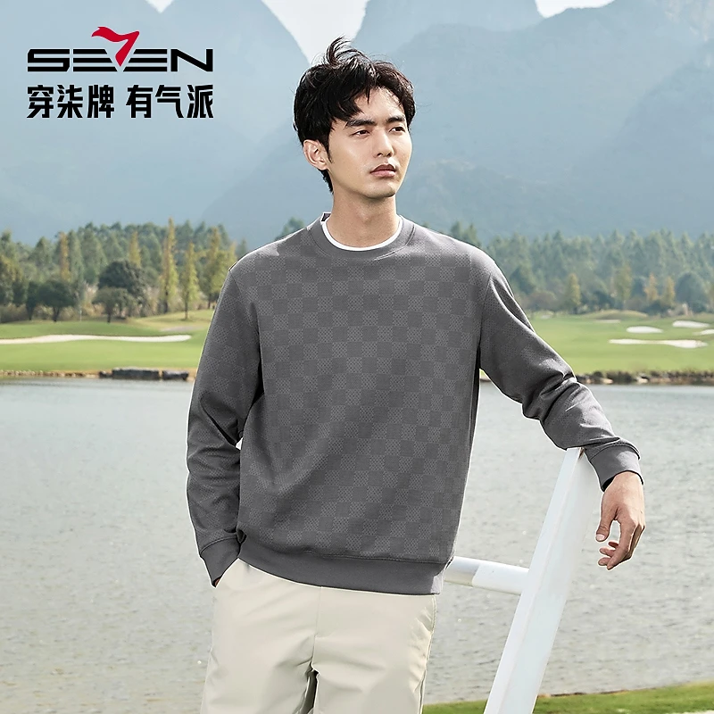柒牌印花圆领卫衣男装2025春季新品时尚潮流长袖百搭套头上衣