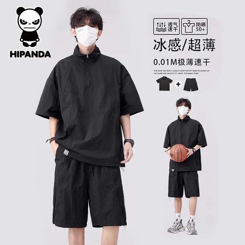 HiPanda你好熊猫男士夏季短袖时尚套装冰丝薄款速干T恤短裤两件套