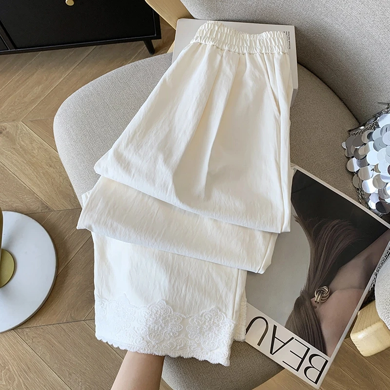 蕾丝花边阔腿裤女2025年新款春夏高腰宽松显瘦大码休闲九分直筒裤