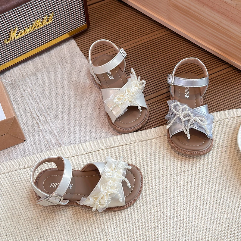 女童蕾丝蝴蝶结凉鞋2025夏季新款小女孩公主鞋软底时尚百搭沙滩鞋