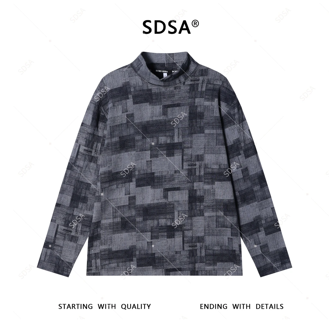 SDSA男士2025新款轻奢痞帅男装美式撞色不规则色块立领长袖T恤