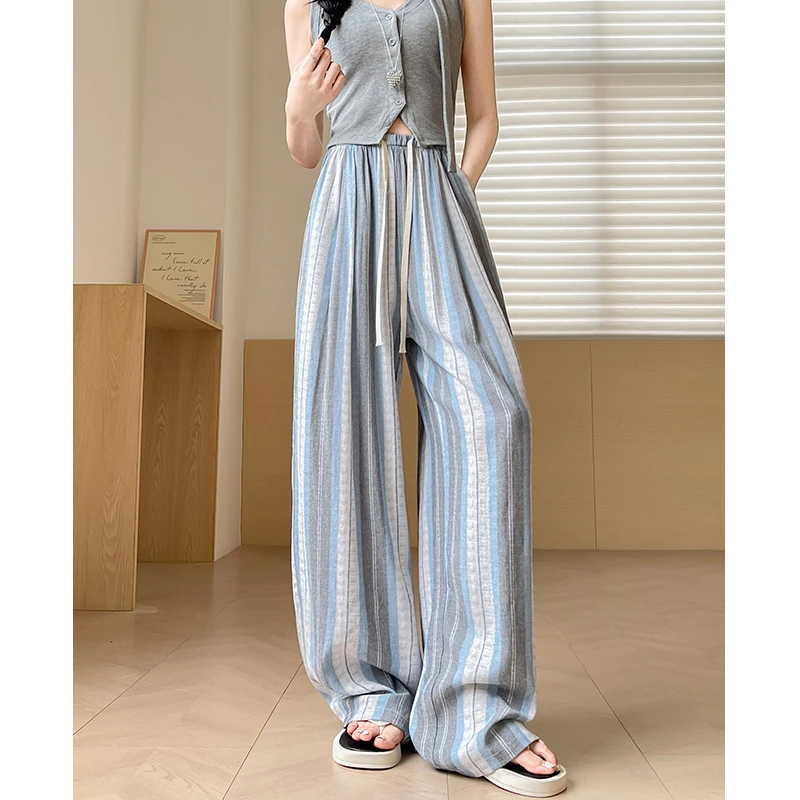 冰丝亚麻条纹阔腿裤女夏季薄款宽松显瘦休闲裤高腰抽绳垂感山本裤