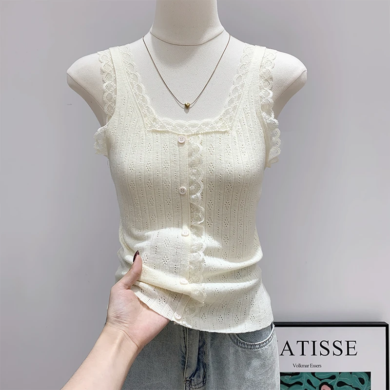 法式蕾丝边针织小吊带2025夏新款韩系甜妹修身打底衫小上衣