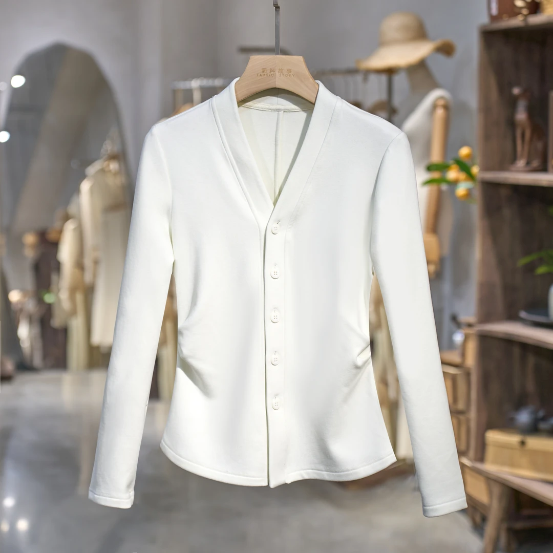 达人春新款山羊绒桑蚕丝莱赛尔纤维气质V领收腰弹力上衣 25AWZ103