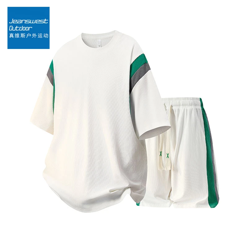 真维斯户外运动夏季情侣跑步套装美式潮牌短袖短裤宽松两件套男女