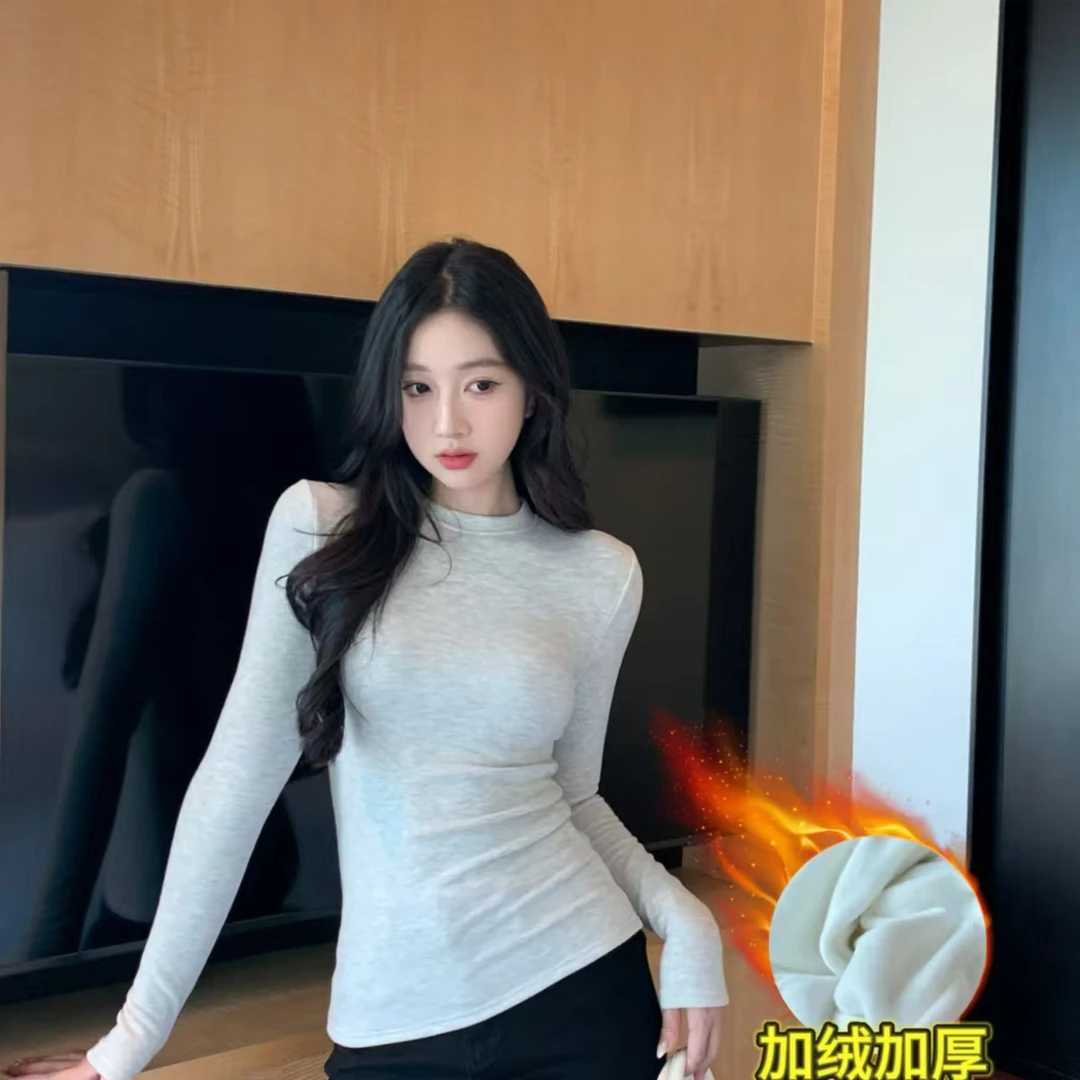 【加绒加厚】摇粒绒秋冬打底衫正肩圆领收腰长袖(退换运费补贴6-8)