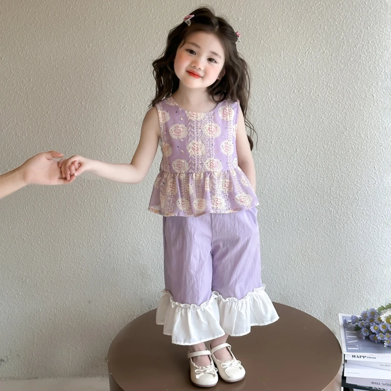 女童夏季紫色无袖套装儿童洋气韩版阔腿两件套2025新款小女孩衣服