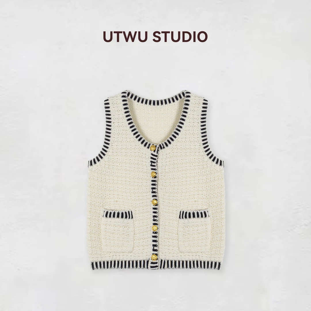 UTWU小敏「法式优雅」杨采钰同款天丝亚麻混纺撞色针织马甲S25C1043