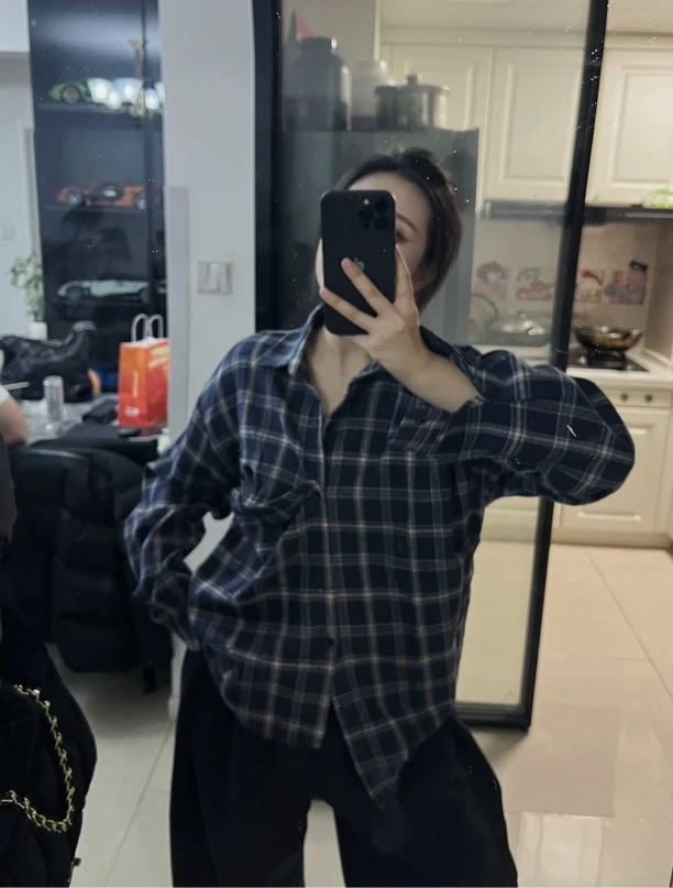 M&m 蓝格子 美式格子衬衫宽松拼接撞色衬衣oversize情侣上衣外套