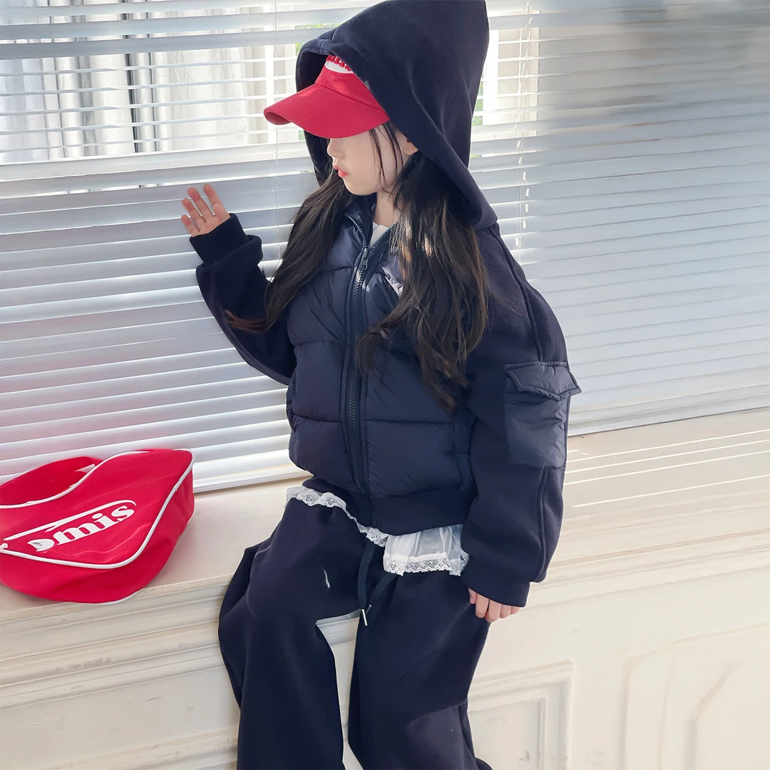 韩系女童藏青套装2025新款女孩冬装保暖棉服外套女童洋气休闲卫裤