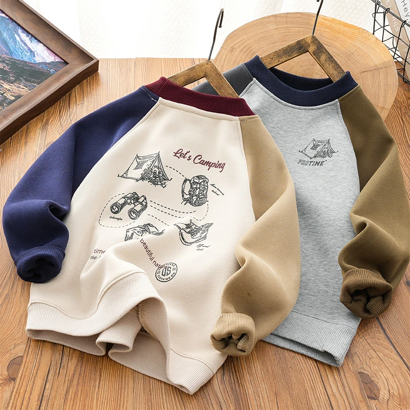 儿童男童秋冬款撞色袖卡通印花百搭加绒卫衣中大童休闲上衣24D60