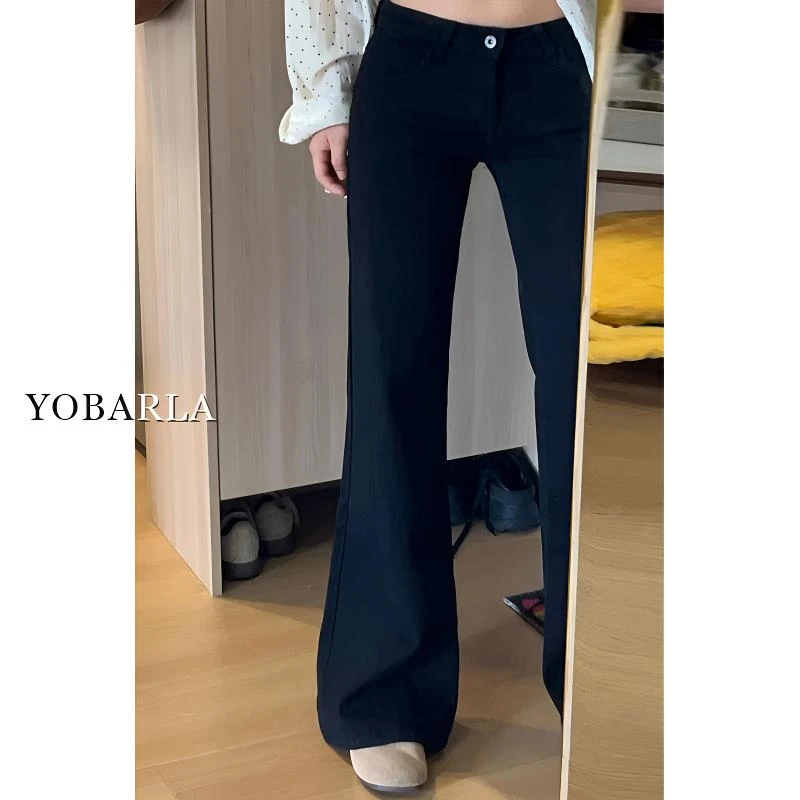 黑色高腰微喇牛仔裤女秋冬新款大码弹力修身梨型身材加绒马蹄裤子