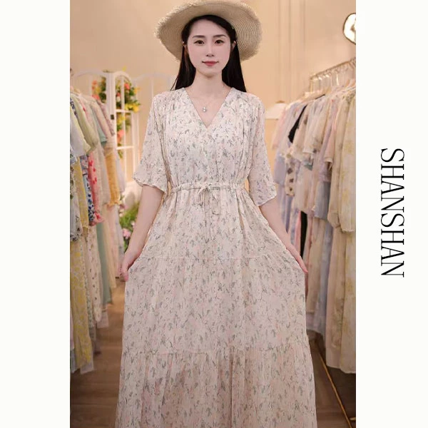2025夏季爆款碎花连衣裙女洋气时尚掐腰长裙法式小众显瘦裙子-D27