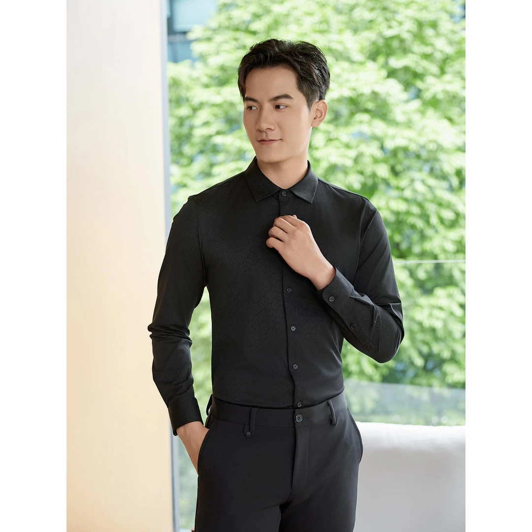 【高端精品】利郎高端休闲长衬 (24QXC901)修身商务秋冬长袖黑色