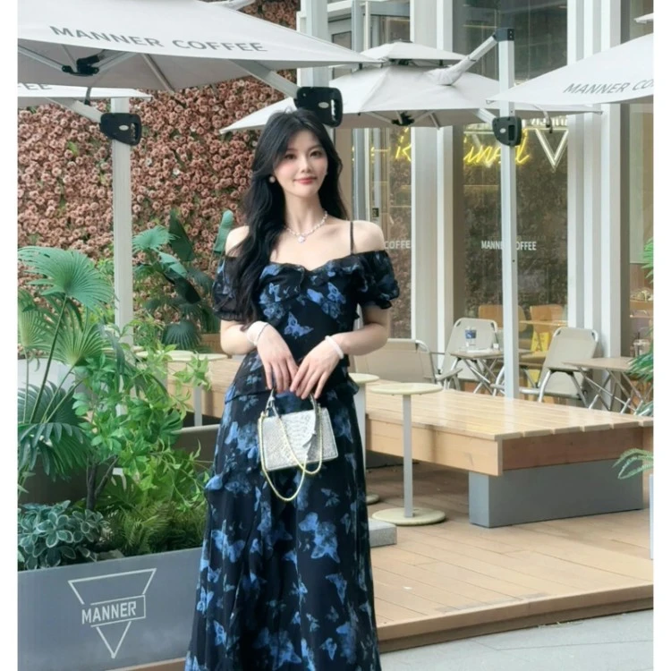 夏季不规则蝴蝶碎花掐腰显瘦长裙气质高级小众