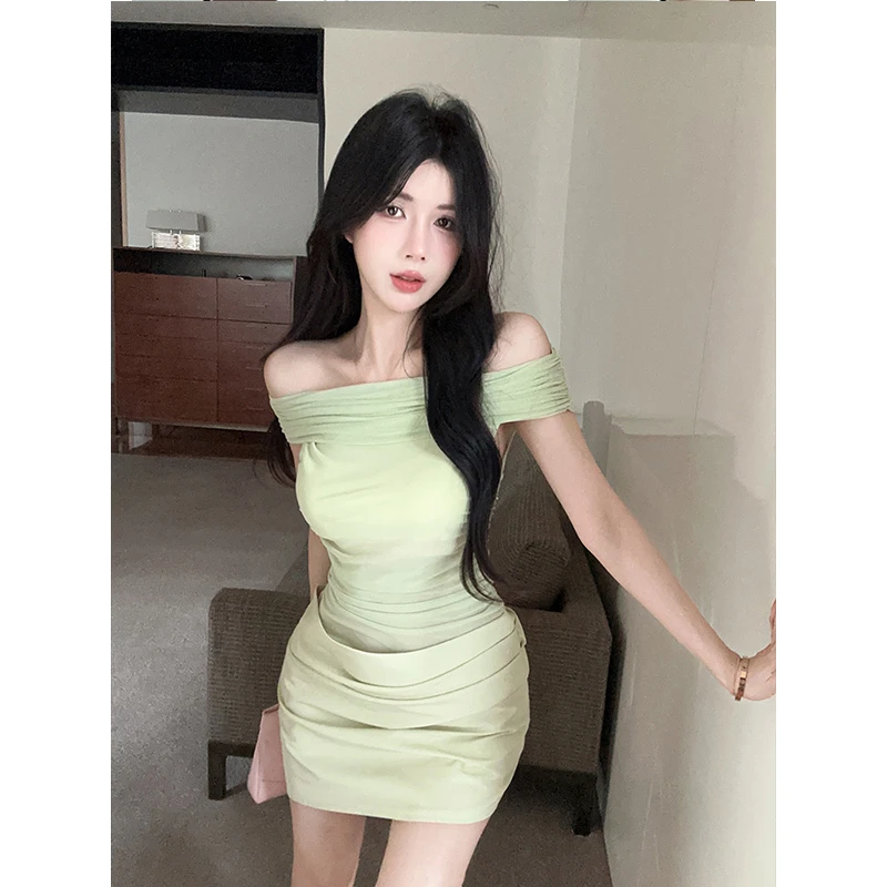 2025夏季新品法式设计感辣妹一字领网纱拼接修身连衣裙包臀短裙