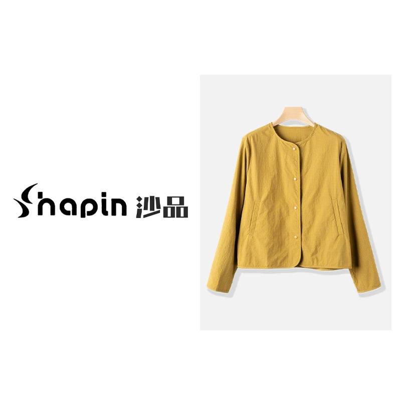 休闲格纹圆领百搭长袖轻薄款外套单排扣通勤上衣女FMD241819-1