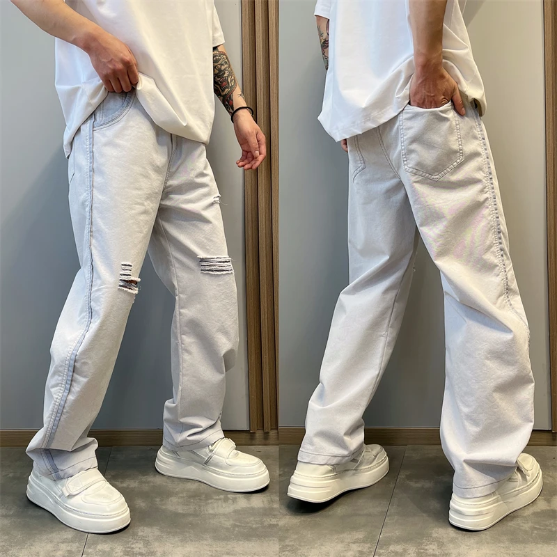 2025夏季薄款拼接直筒休闲百搭宽松垂感破洞高街水洗阔腿牛仔裤男