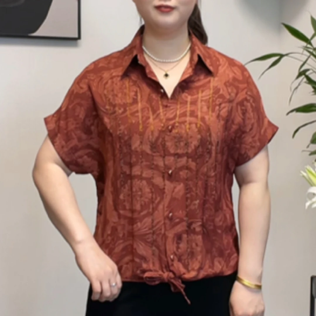 2521夏季短袖宽松翻领花色衬衫新款时尚气质休闲遮肉百搭显瘦小衫