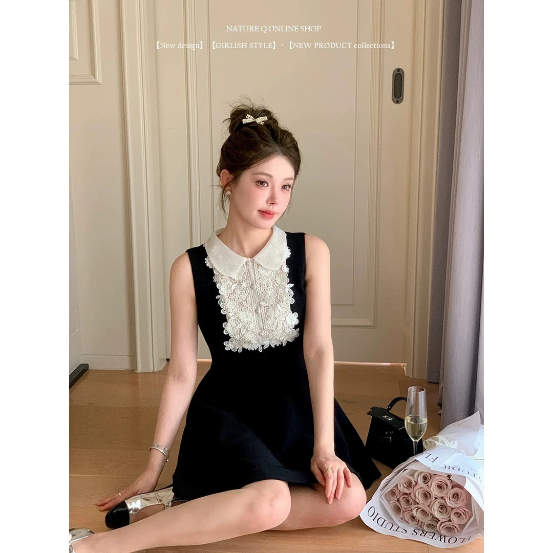 202夏季新款时尚洋气千金蕾丝娃娃领连衣裙法式无袖小黑裙生日裙