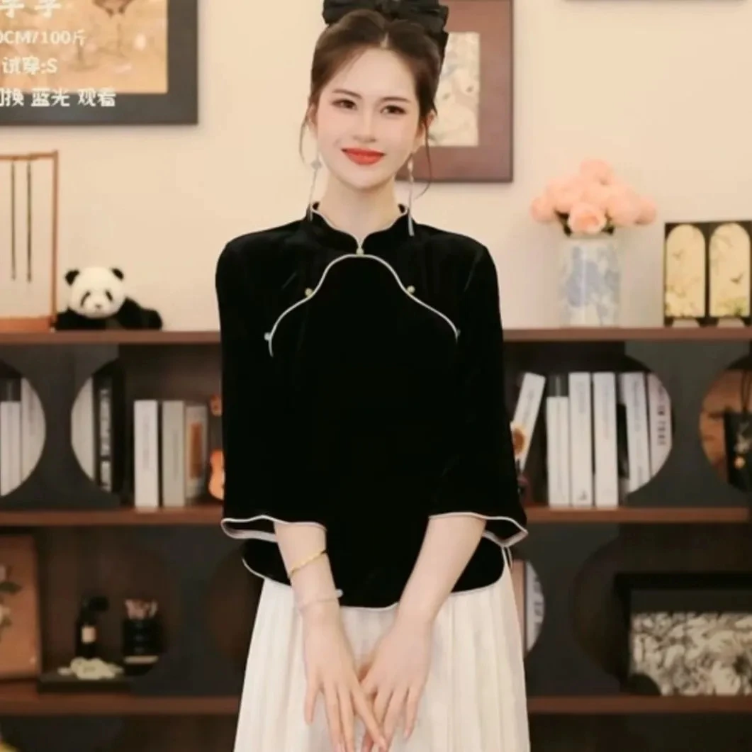 2025年春季新中式国风修身显瘦植绒撞色上衣改良唐装百搭上衣女