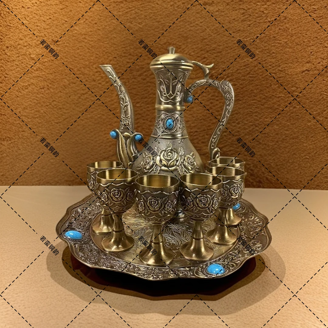 全套新款豪华【蓝色雕花酒壶】古风高脚杯清奢华复古创意酒壶