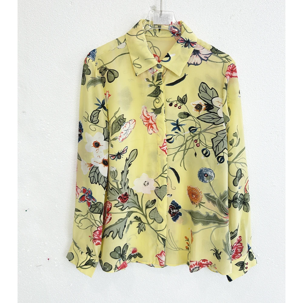100桑蚕丝真丝双蜜语花香印花绉衬衣ZKC71黄色
