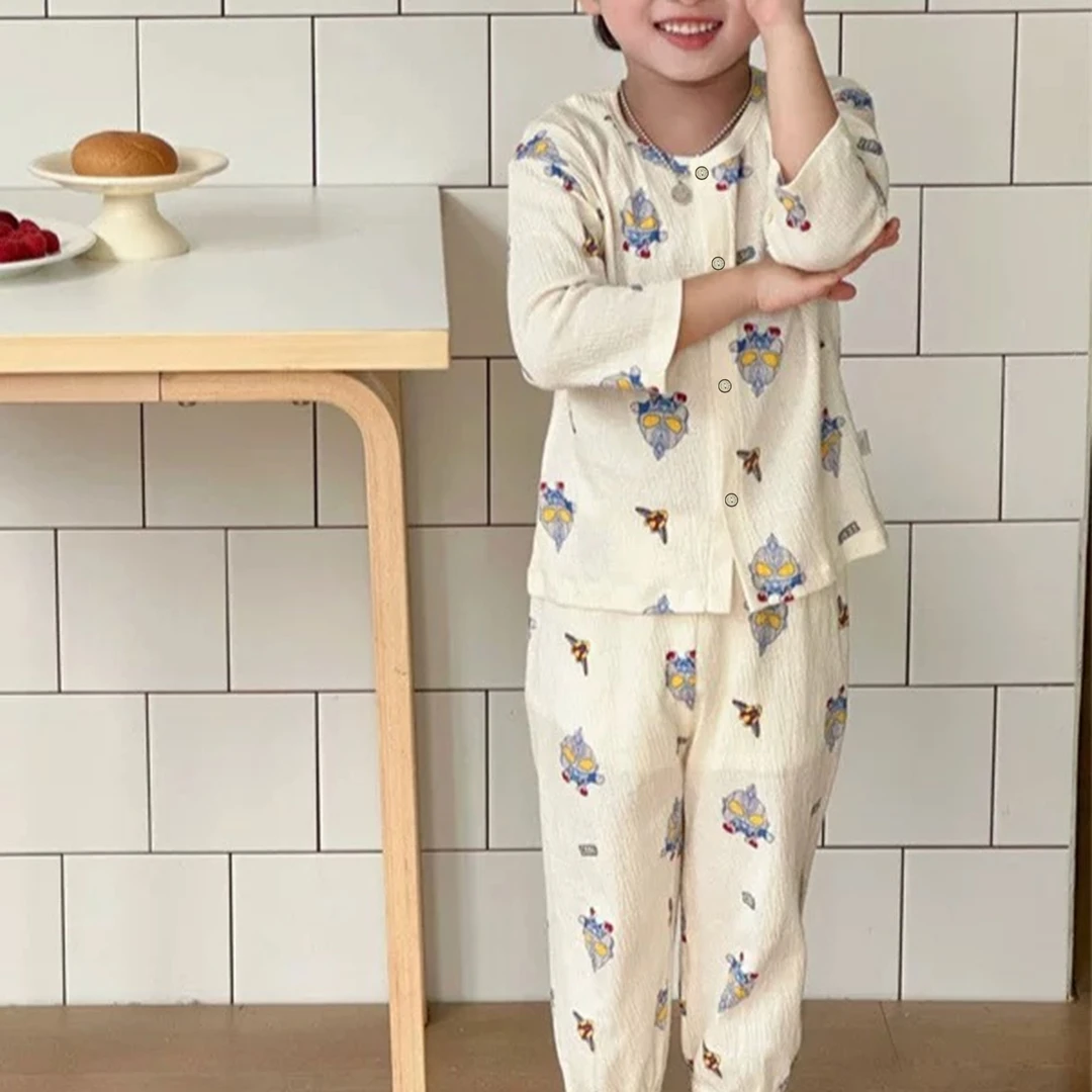 婴格朗迪长袖儿童纱布居家服皱棉纱布九分睡衣套装家居服宝宝薄款