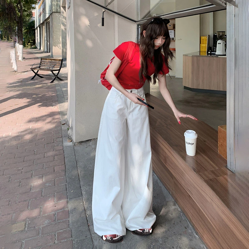 美式白色牛仔裤女2025春季新品宽松垂感阔腿裤高腰显瘦拖地长裤子