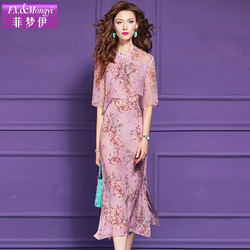 菲梦伊100桑蚕丝印花粉色连衣裙女夏装国风真丝旗袍裙子65215